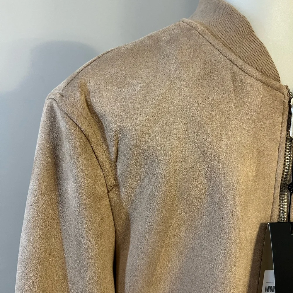 Tan Suede Bomber Jacket with Ribbed Details - Picture 5 of 13